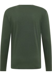 Långärmad tröja i mörkgrönt, tillverkad av mjukt tyg, med rund halsringning och en slät, enkel baksida.