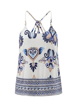 Witte mouwloze top met blauwe en beige bloem- en geometrische patronen, met dunne gekruiste bandjes aan de achterkant.