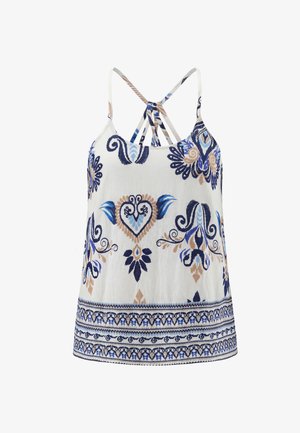 Witte mouwloze top met blauwe en beige bloem- en geometrische patronen, met dunne gekruiste bandjes aan de achterkant.