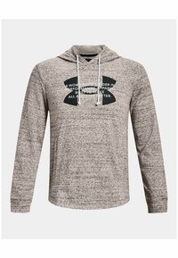 Helle graue Kapuzenjacke aus strukturiertem Material, mit Kapuze, langen Ärmeln und einem auffälligen schwarzen Logo mit weißen Text auf der Vorderseite.