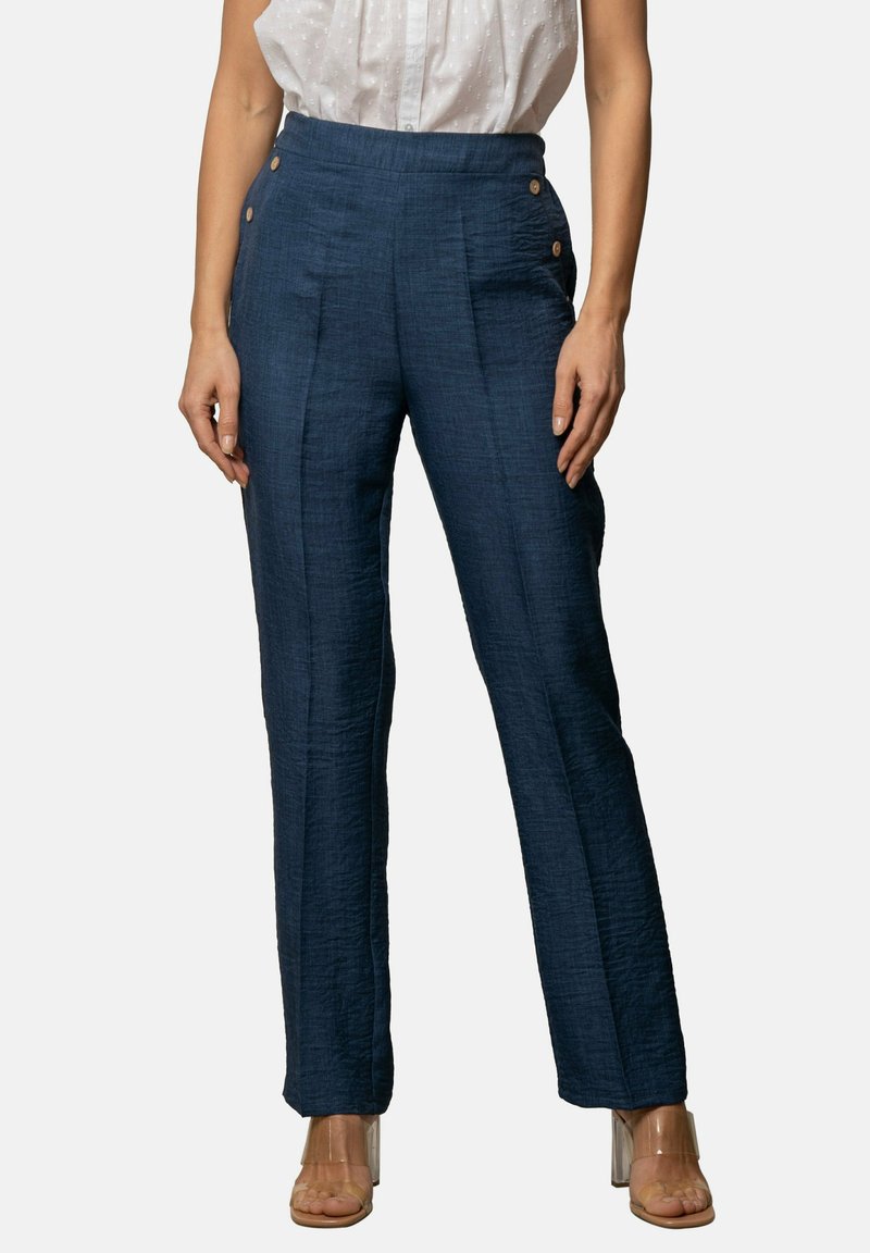 Pantalones de tiro alto en azul marino, con tejido texturizado, que presentan botones laterales y un corte recto. Adecuados para uso casual o formal.