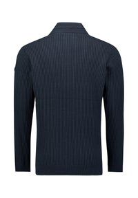 Marineblauwe geribbelde gebreide trui met een kraag en lange mouwen, met een aansluitend ontwerp en een gestructureerd oppervlak.