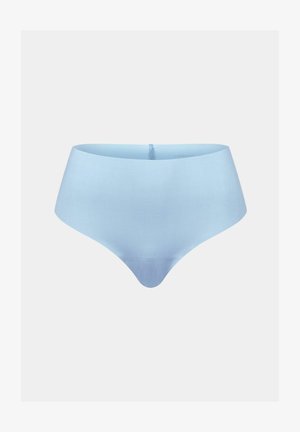 Nahtlose, hellblaue, hochgeschnittene Slip-Unterwäsche vor einem schlichten hellgrauen Hintergrund präsentiert.
