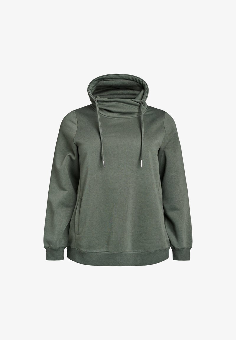 Grüne Kapuzenjacke mit hohem, umgeschlagenem Kragen, langen Ärmeln und einer Fronttasche; entworfen für lässige Kleidung und Komfort.
