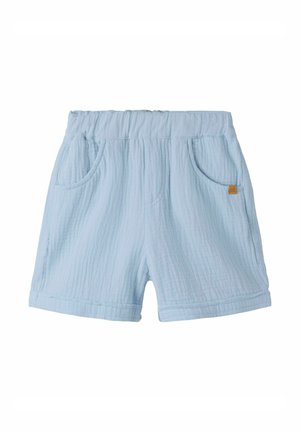 Svetlo modri bombažni kratki hlači z elastiko v pasu in dvema sprednjima žepoma, zasnovani za vsakodnevno nošnjo.