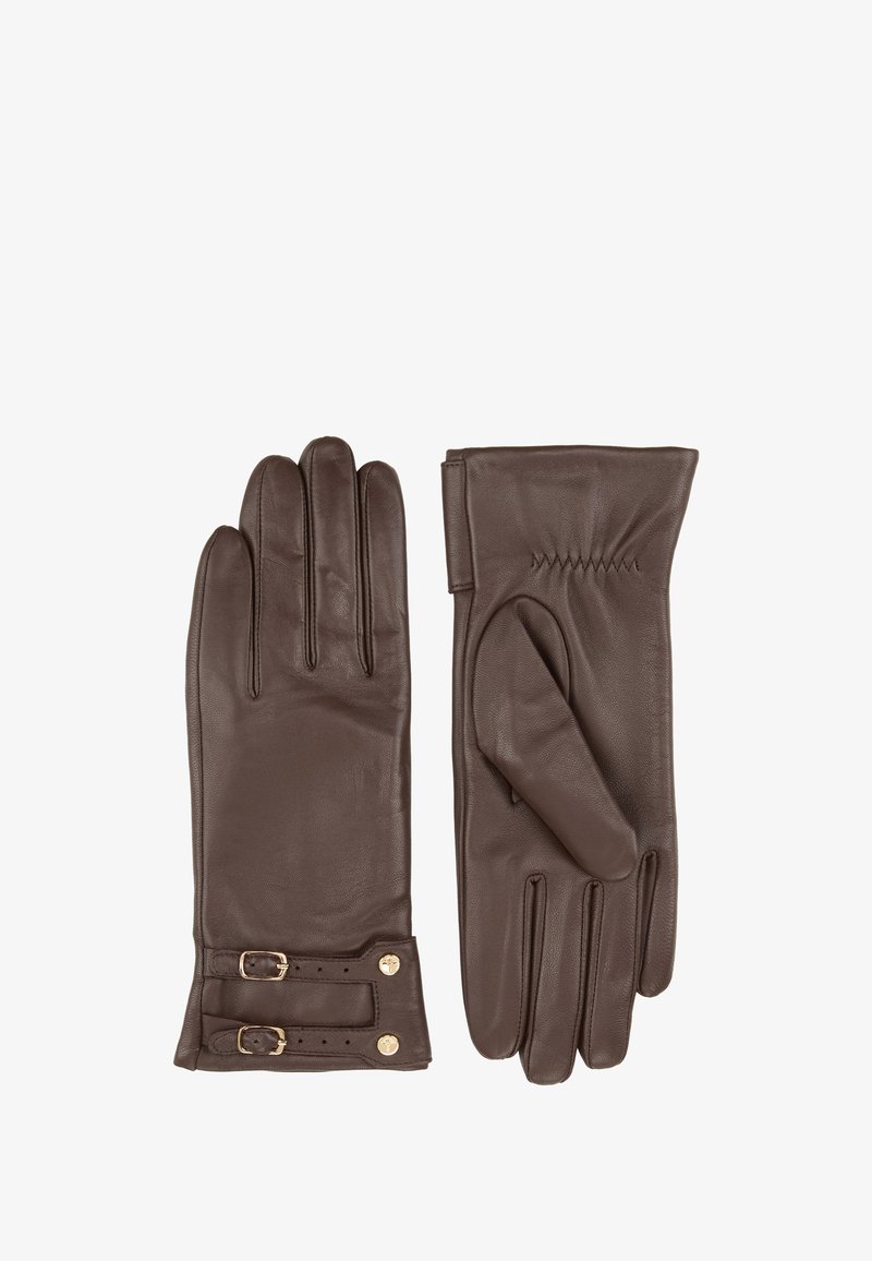 Braune Lederhandschuhe mit glatter Textur, versehen mit einem seitlichen Verschluss mit Schnallen und einem gerafften Muster am Handgelenkbereich.