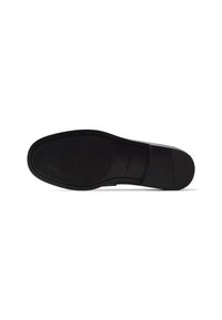 Černá formální bota s hladkou podešví, která má vodorovné drážky pro trakci a kulatý tvar špičky. Discretní logo značky je vyražené.