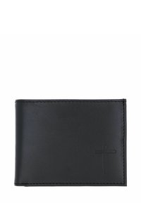 Black leather wallet featuring a smooth texture, subtle stitching, and an embossed cross detail in the bottom right corner. Compact rectangular shape.