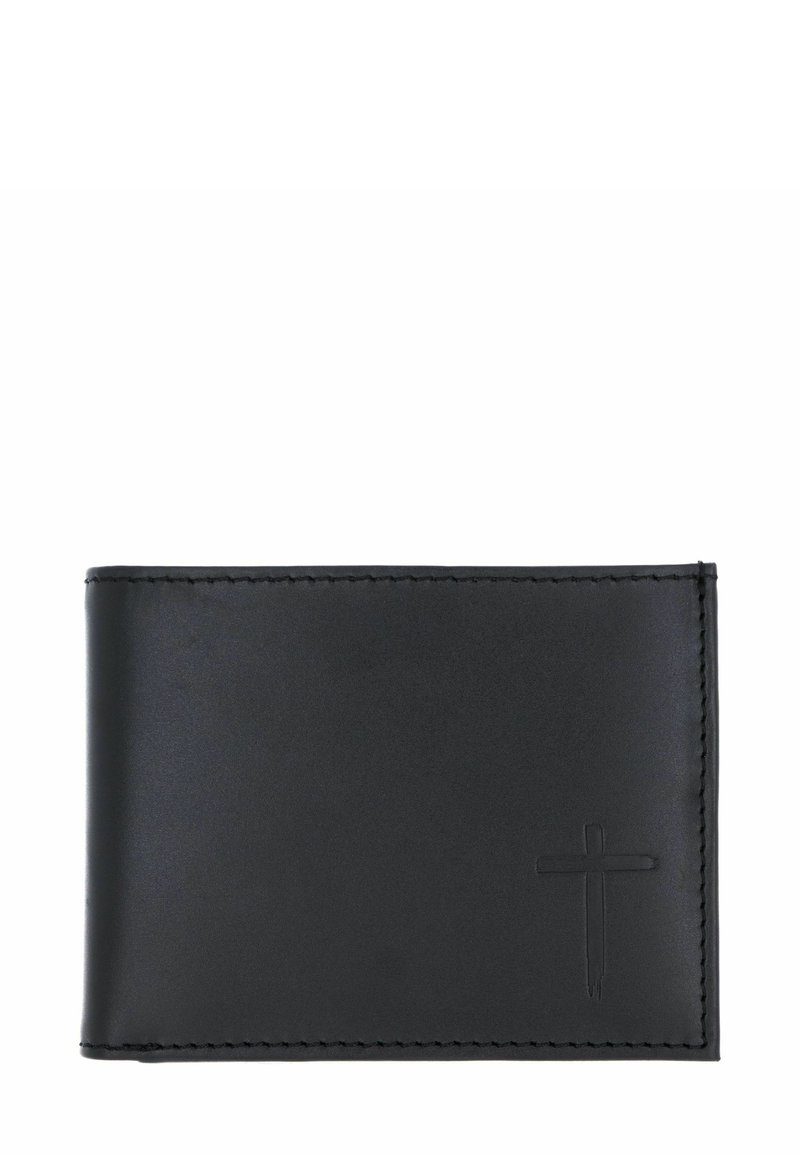 Black leather wallet featuring a smooth texture, subtle stitching, and an embossed cross detail in the bottom right corner. Compact rectangular shape.