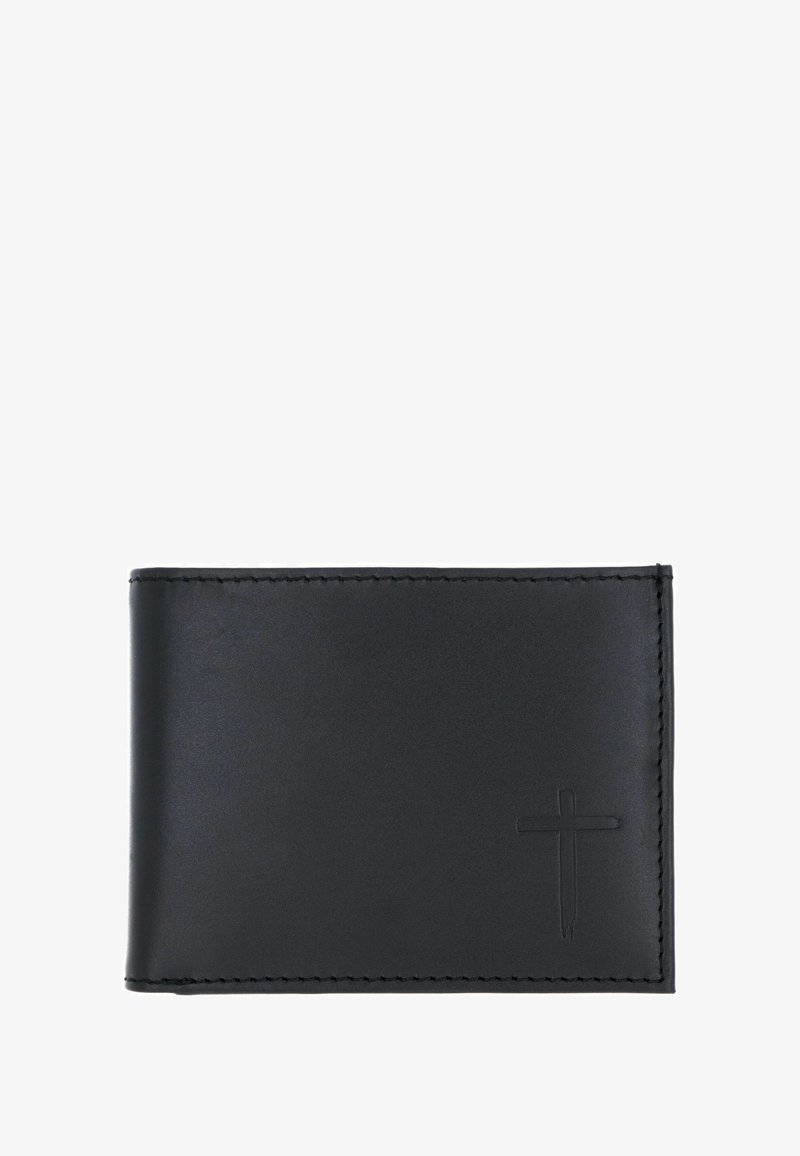 Black leather wallet featuring a smooth texture, subtle stitching, and an embossed cross detail in the bottom right corner. Compact rectangular shape.