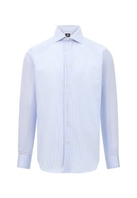 Lichtblauw overhemd met lange mouwen en een button-down kraag, voorzien van een subtiel streepjespatroon en witte knopen. Soepele stofstructuur.