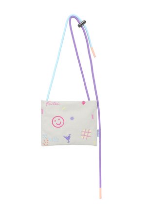 Kleine beigefarbene Umhängetasche mit rosa, lila und gelben gestickten Kritzeleien, einem Smiley-Gesicht und verstellbaren blauen und lila Trägern.