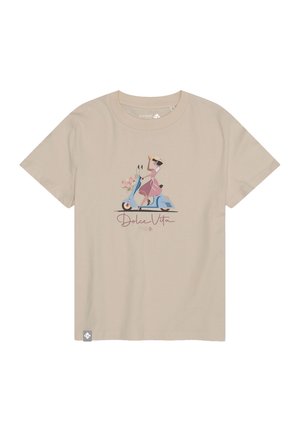Beige t-shirt with illustration of woman in pink dress and hat riding a blue scooter carrying flowers, with "Dolce Vita" text below.