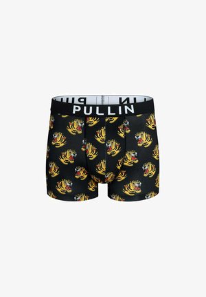 Boxer noir avec un motif répétitif de têtes de tigres rugissants et une ceinture noire portant le mot "PULLIN" en lettres blanches.