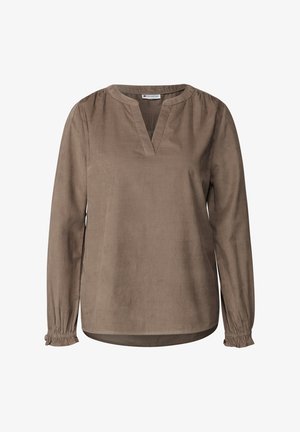 Blouse marron à manches longues en tissu léger avec un col en V, détails froncés aux poignets et une coupe décontractée avec un ourlet arrondi.