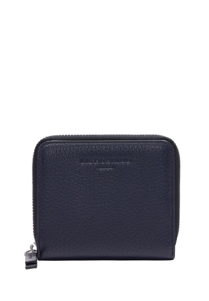 Portefeuille en cuir bleu marine avec texture granuleuse, fermeture zippée et logo en relief à l'avant. Forme carrée compacte, conçu pour une portabilité facilitée.