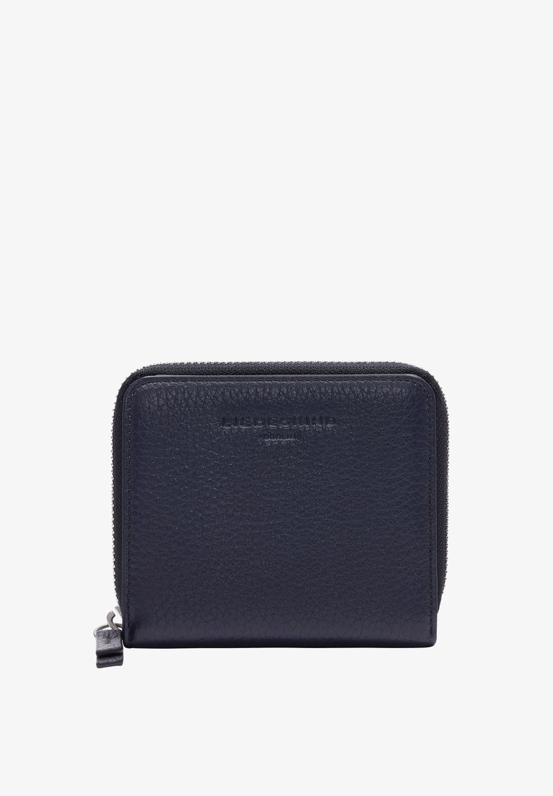 Marineblaues Lederportemonnaie mit genarbter Textur, Reißverschluss und geprägtem Logo auf der Vorderseite. Kompakte quadratische Form, die für einfache Tragbarkeit konzipiert ist.