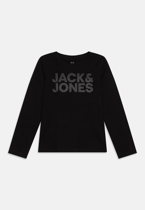 Black long-sleeve t-shirt made of cotton. Features large text "JACK&JONES" in a slightly glossy finish centered on the front. Round neckline.