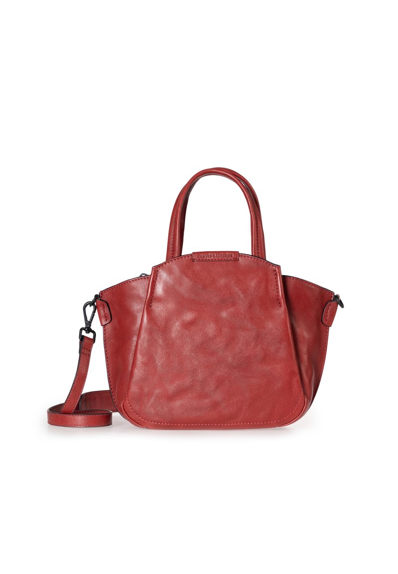 Borsa a mano rossa in pelle con forma arrotondata, manici corti doppi e tracolla staccabile. Presenta una superficie liscia e dettagli in metallo.