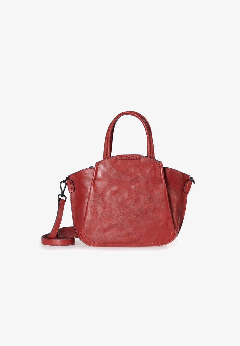 Borsa a mano rossa in pelle con forma arrotondata, manici corti doppi e tracolla staccabile. Presenta una superficie liscia e dettagli in metallo.