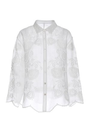 Weiße transparente Langarmbluse mit floraler Stickerei, durchgeknöpft, spitzem Kragen und gewellten Saumkanten.