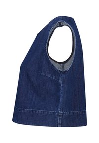 Topp utan ärmar i denim i mörkblått, med rund halsringning, sidöppning och en enkel ficka på framsidan. Slitna detaljer synliga.