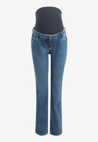 Jeans de maternidad en denim azul, con un diseño de pierna recta, cinturilla elástica negra, bolsillos frontales y sutiles detalles de costura.