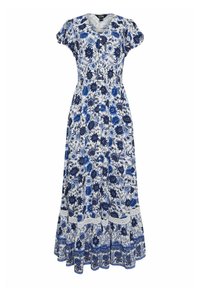 Maxiklänning i vit bomull med blått blommönster. Har korta puffärmar och en flerfaldig nederkant. V-ringad design med knappdetaljer.