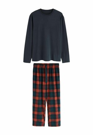 Langärmeliges Oberteil in Marineblau kombiniert mit dunkelgrünen und roten karierten Pyjamahosen mit elastischem Bund und Kordelzug.