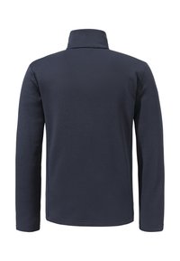 Dunkelblaue Langarmjacke mit Stehkragen, von hinten gezeigt, strukturiertes Gewebe, gerader Saum und Bündchen.