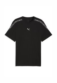 Μαύρο κοντομάνικο T-shirt Puma με λευκό λογότυπο Puma στο κέντρο και λεπτομέρειες με ταινία με λογότυπο κατά μήκος και των δύο ώμων.