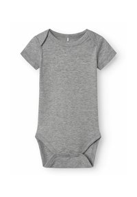 Bodysuit gris à manches courtes en coton doux. Dispose de fermetures à pression au bas et d'un col rond. Texture lisse et légère.