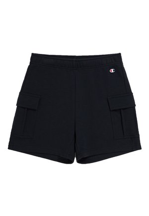Pantaloni cargo neri in cotone con elastico in vita, dotati di due tasche laterali e di una piccola patch con logo sul lato sinistro anteriore.