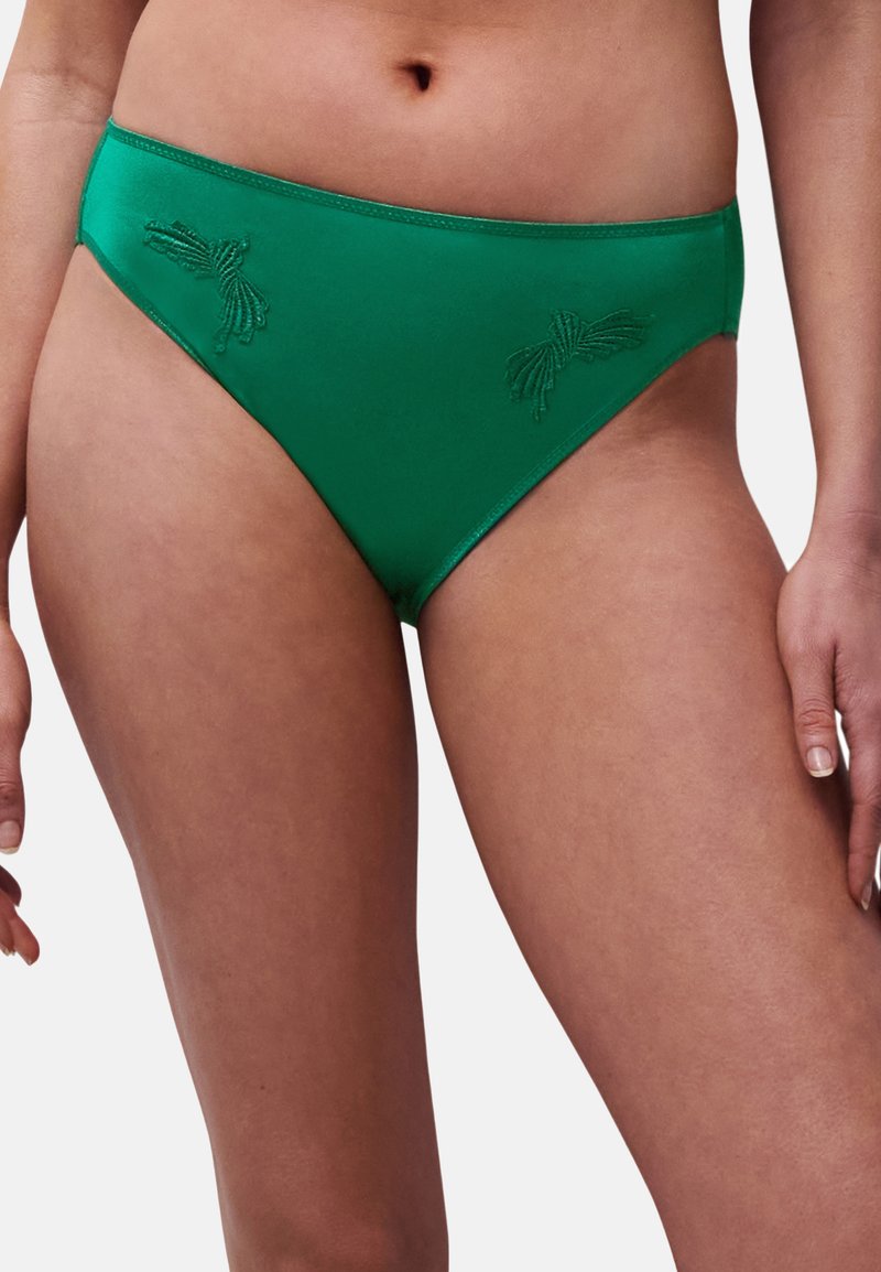 Grüner Bikini-Unterteil aus glattem Stoff, mit dekorativer Stickerei auf beiden Seiten. Klassische Form mit einem tief sitzenden Bund.