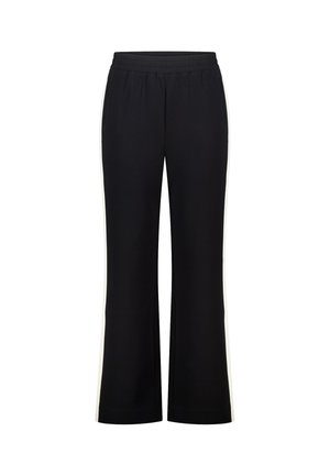 Zwarte sportbroek met een losse pasvorm, elastische tailleband, zijzakken en contrasterende witte zijkstrepen. Gemaakt van een zachte, rekbare stof.