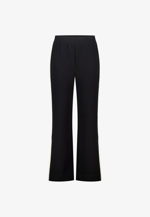 Zwarte sportbroek met een losse pasvorm, elastische tailleband, zijzakken en contrasterende witte zijkstrepen. Gemaakt van een zachte, rekbare stof.