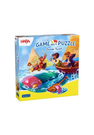 Bunte Puzzle-Box mit Illustrationen zum Thema Ozean; enthält Figuren, einen rosa Oktopus und lebhafte blaue Wellen auf einem gelben Hintergrund.