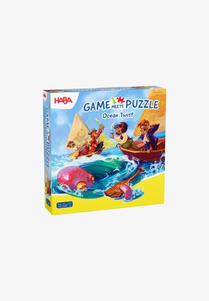 Colorful puzzle box featuring ocean-themed illustrations; includes characters, a pink octopus, and vibrant blue waves on a yellow background.