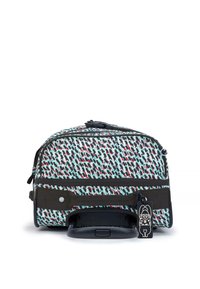 Rolling bag with a colorful spotted pattern, teal and red on a white background. Features black accents and a retractable handle.