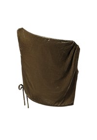 Bruine fluwelen top met blote schouders en geplooid ontwerp. Voorzien van een striksluiting aan de zijkant. Soepele textuur en subtiele glans.