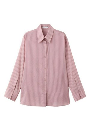 Pink long-sleeve button-up shirt with thin vertical stripes and a wide pointed collar, displayed flat on a white background.