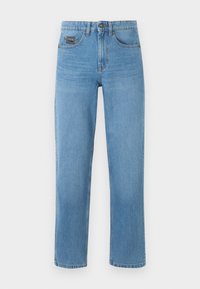 Φωτεινά γαλαζοπράσινα τζιν παντελόνια με ίσια γραμμή, κουμπί εμπρός, φερμουάρ και τσέπες, με μικρή μαύρη ετικέτα στην δεξιά εμπρός τσέπη.