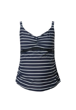 Top de tankini a rayas marino con rayas horizontales azules claras, que presenta un diseño fruncido en la parte delantera y tirantes ajustables, fabricado en una tela suave.
