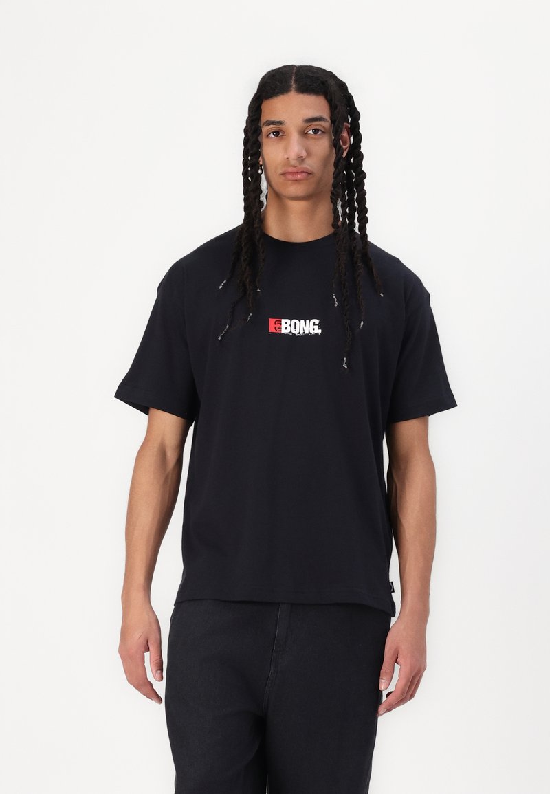 Black cotton t-shirt with short sleeves, featuring a central white and red graphic logo. Simple, relaxed fit and a round neckline.