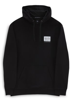 Schwarzer Vans Hoodie mit Fronttasche, Kordelzugkapuze und kleinem weißen Vans-Logo mit Sternen auf der linken Brust.