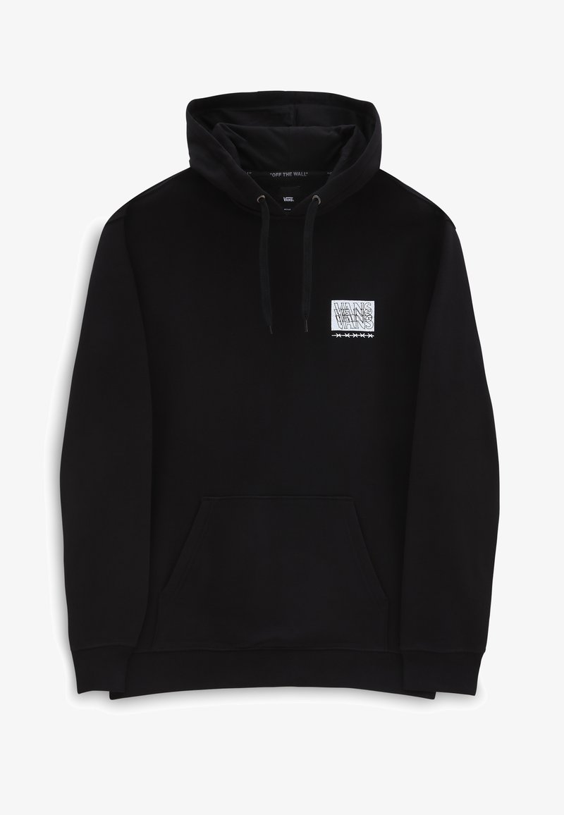 Sweat à capuche Vans noir avec poche avant, capuche à cordon et petit logo Vans blanc avec des étoiles sur la poitrine gauche.