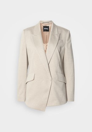 Beige tailored blazer made of textured fabric with a single-button closure, notched lapels, and two front pockets. Satin lining in the interior.