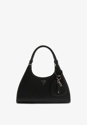 Sac à main en cuir texturé noir avec poignées arrondies, un charme en forme de cœur, des accents dorés et un logo triangulaire Guess à l'avant.