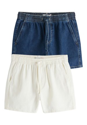 Dva páry šortiek s elastickým pásom a šnúrkami, jedny z tmavomodrého denimu a jedny z ecru bavlny.