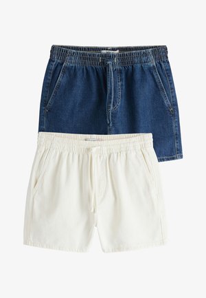 Dva páry šortiek s elastickým pásom a šnúrkami, jedny z tmavomodrého denimu a jedny z ecru bavlny.